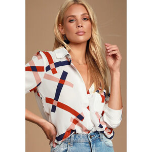 Lulus Camrose White Geometric Print Button-up Long Sleeve Top - Size XS